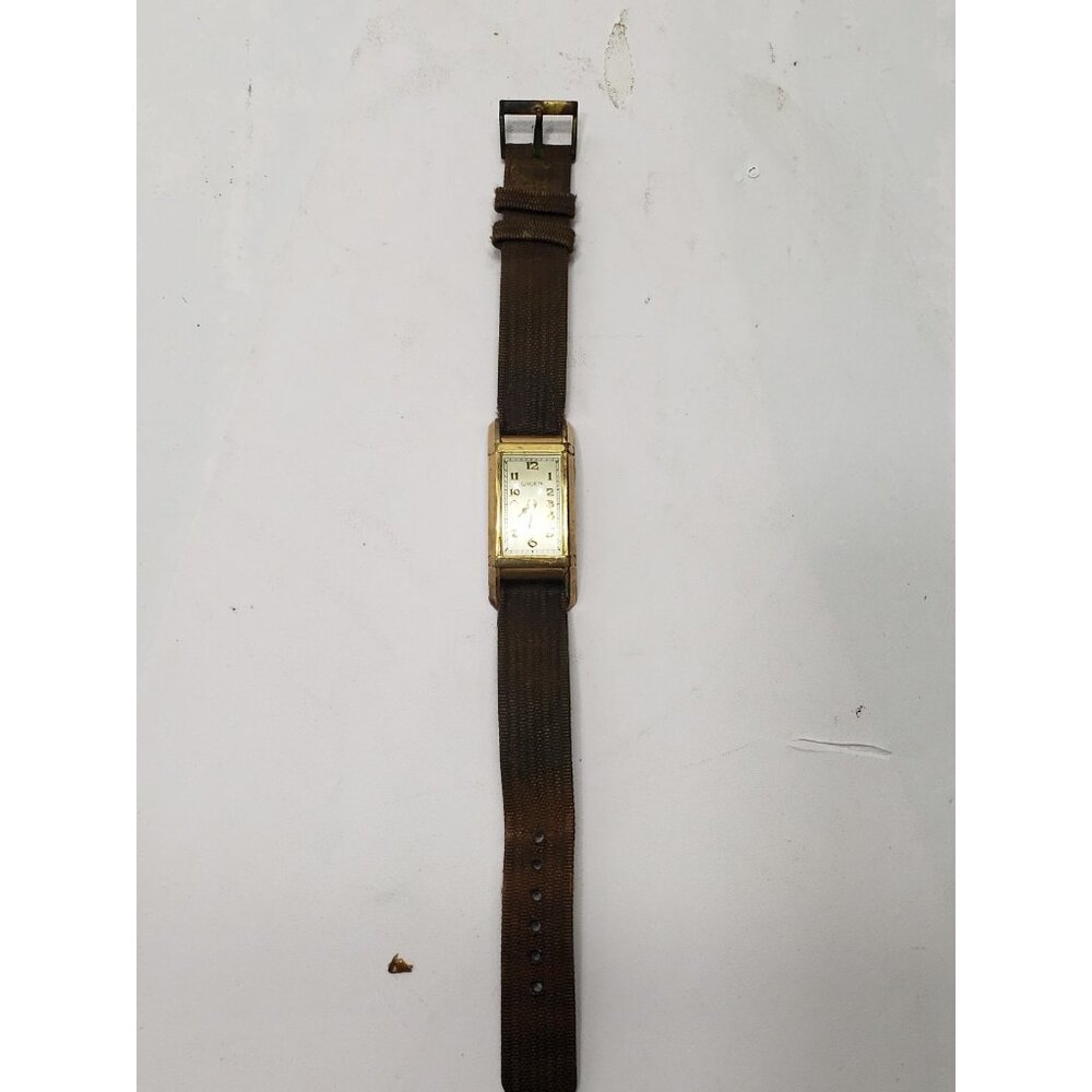 Vintage Greun Men's Art Deco Rectangular Wristwatch Manual Wind Gold Filled